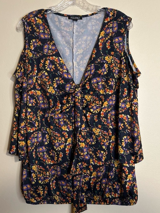 Roz & Ali Tops - Roz & Ali Navy Cold-Shoulder V-Neck Top with Purple & Yellow Floral Print